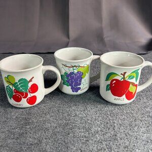 3 Vintage Cherry Grape Apple Coffee‎ Mugs 4" Tea Cups Kitsch
